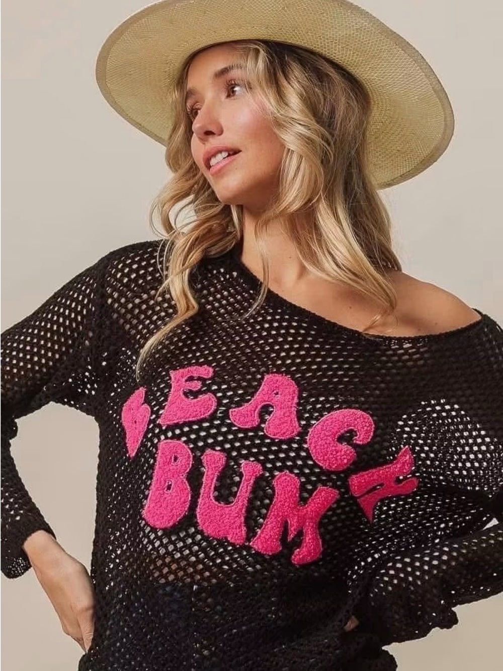 BiBi Black Crochet Swim Cover-Up with Hot Pink 'Beach Bum' Appliqué